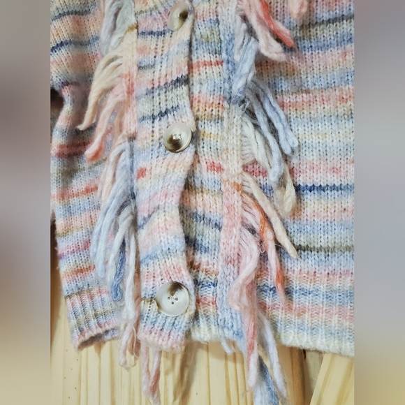 Dreamers By Debut Size L Multi Colour Fringe Button Up V-Neck Knit Sweater - Picture 4 of 10
